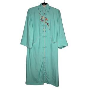 Vintage 60s Chinese Embroidered Robe Size Small Aqua Rayon House Coat Embroidery
